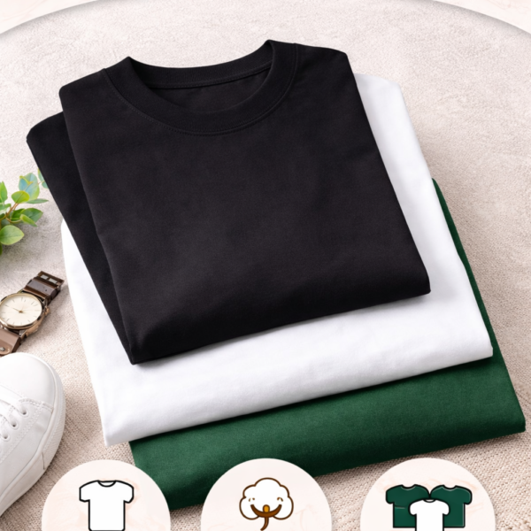 Regular Tshirts Combo | Black, White & Green (3 T-Shirts)